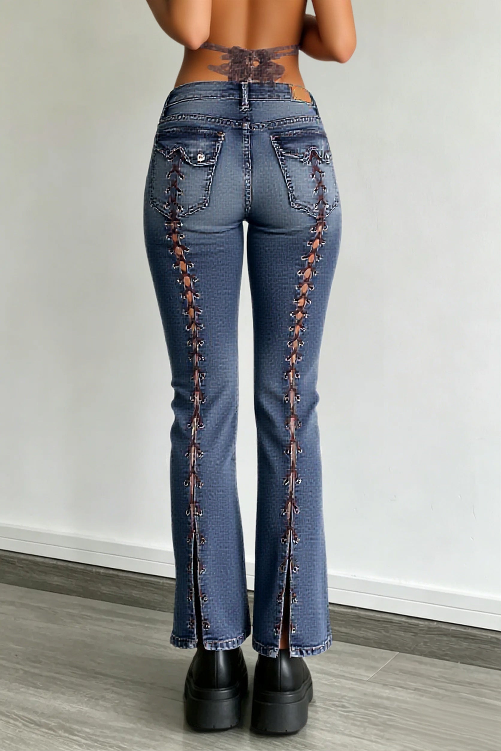 Open Back Lace Up Y2K Flare Jeans