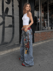 High Street 3D Chain Print Loose Wide Leg Jeans