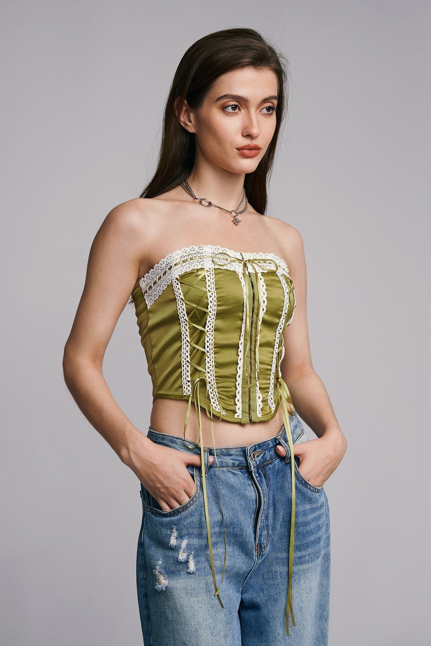 Off Shoulder Lace Up Curved Hem Corset Top
