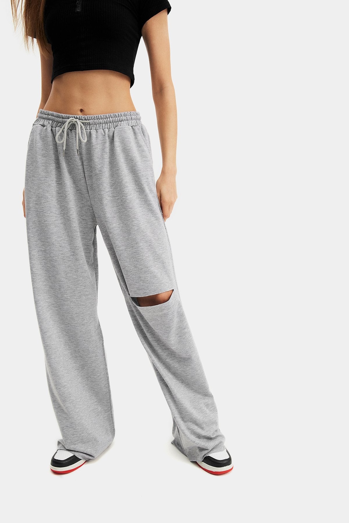 High Waist Dual Pocket Ripped Straight Pants