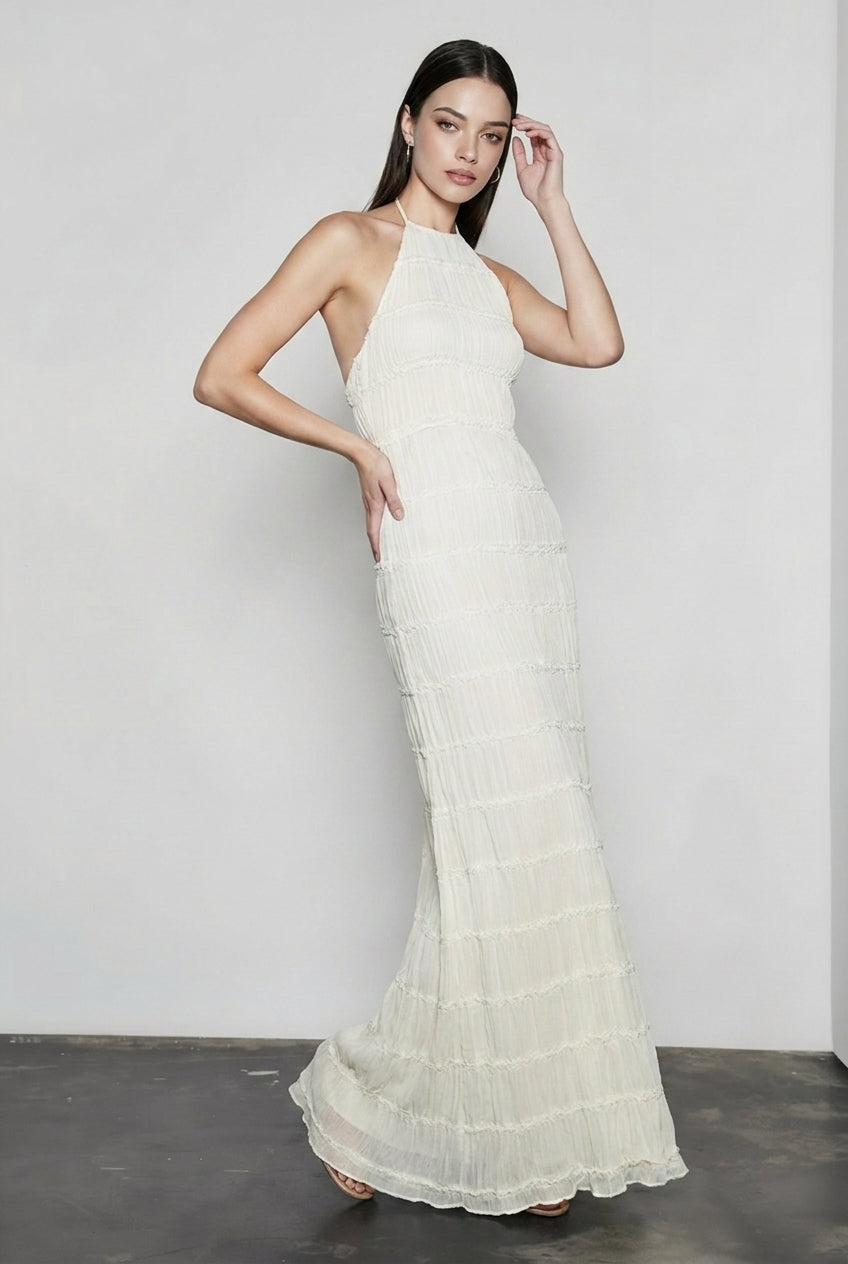 Open Back Ruched Stripe Tie Ruffle Maxi Vacation Dress