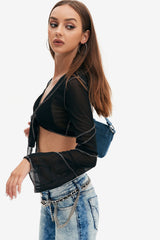 Mesh Top-stitching Tie Back Crop Top