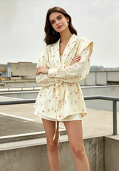 Long Sleeve Printed Waist Tie Blazer
