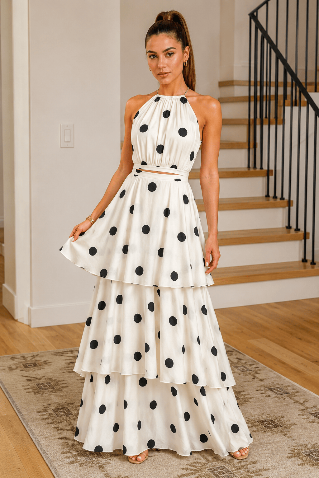 Polka Dot Halter Sleeveless Top Tiered Skirt Set