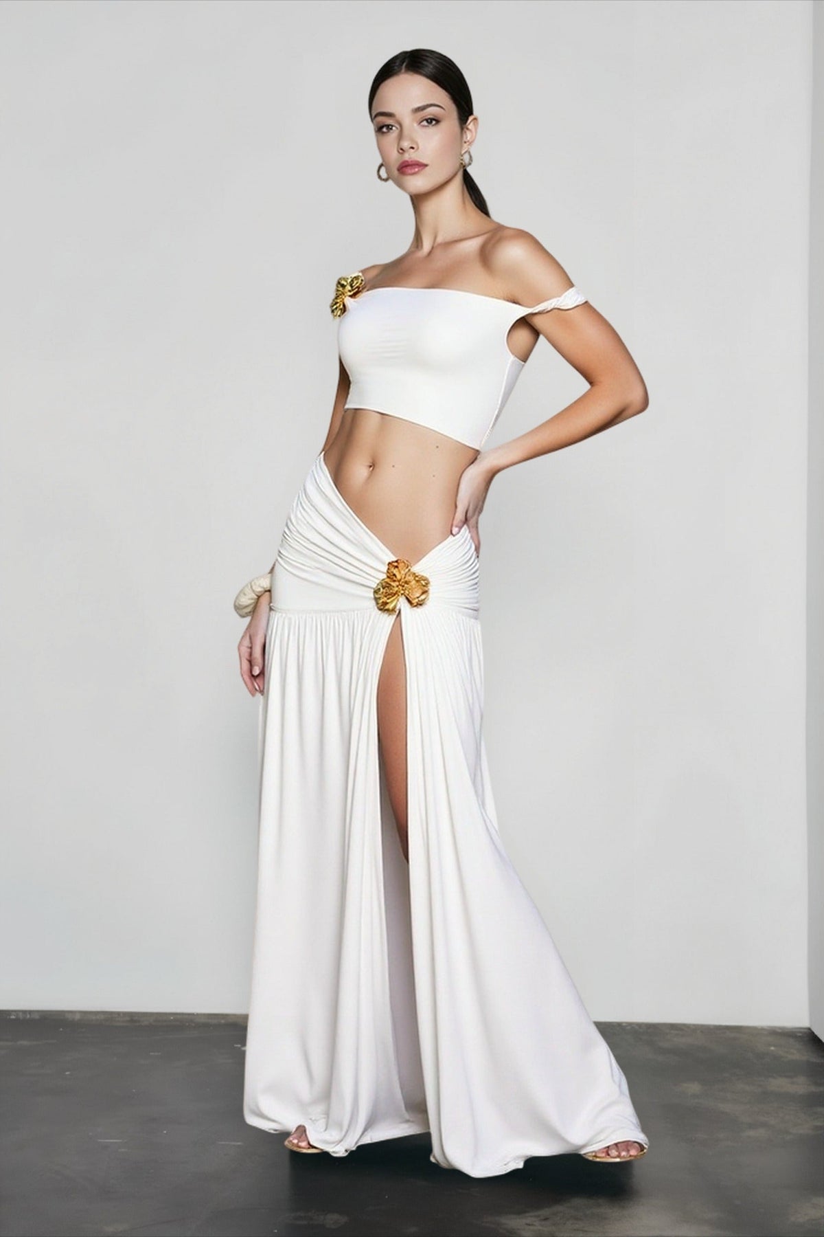 Off Shoulder Ruched Crop Vacation Set