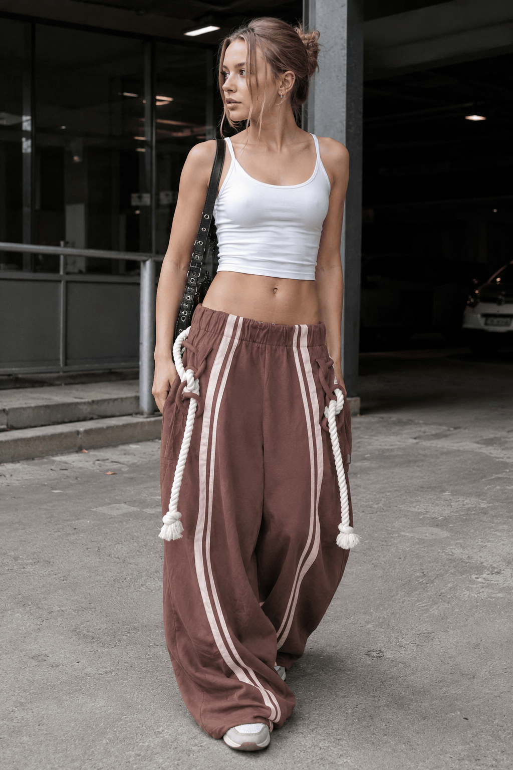 Striped Belted Wide Leg Cargo Pants