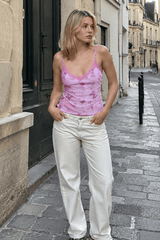Butterfly Print Mesh Lace Panel Cami Top