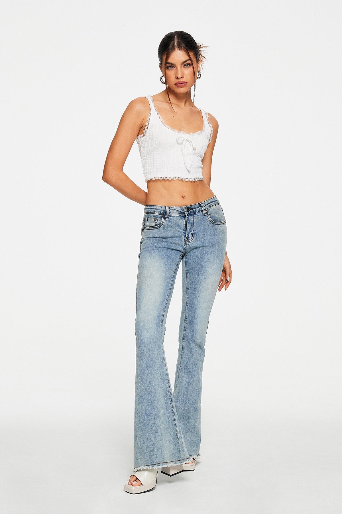 Lace Trim Knot Front Knitted Sleeveless Tank Top
