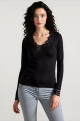 Vintage Lace Patchwork Fairy Grunge V Neck Long Sleeve Slim Fit Black T-shirts