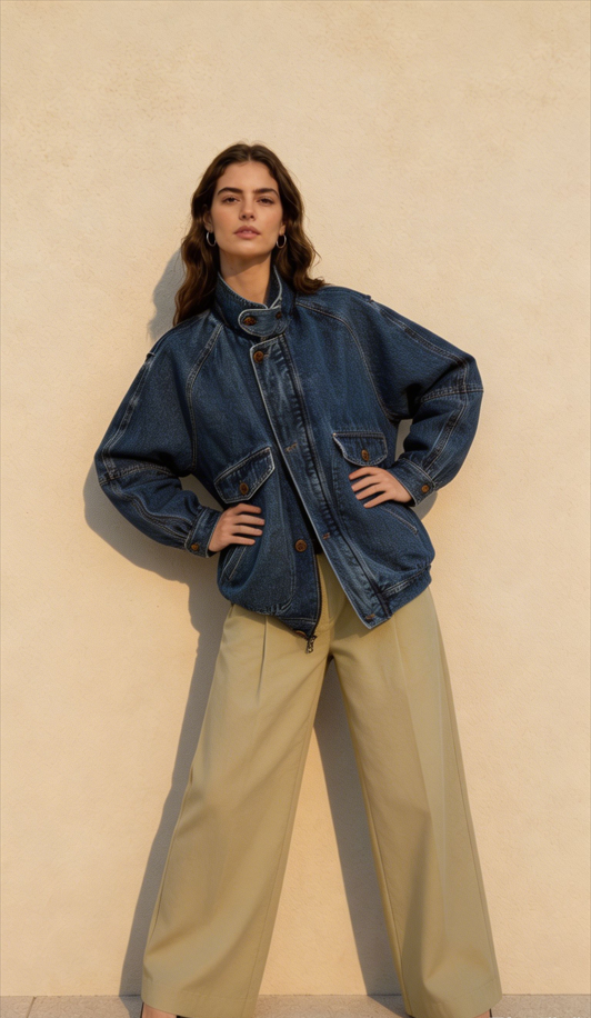 Stand Collar Washed Denim Utility Jacket