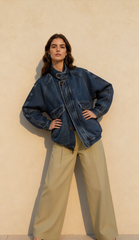 Stand Collar Washed Denim Utility Jacket