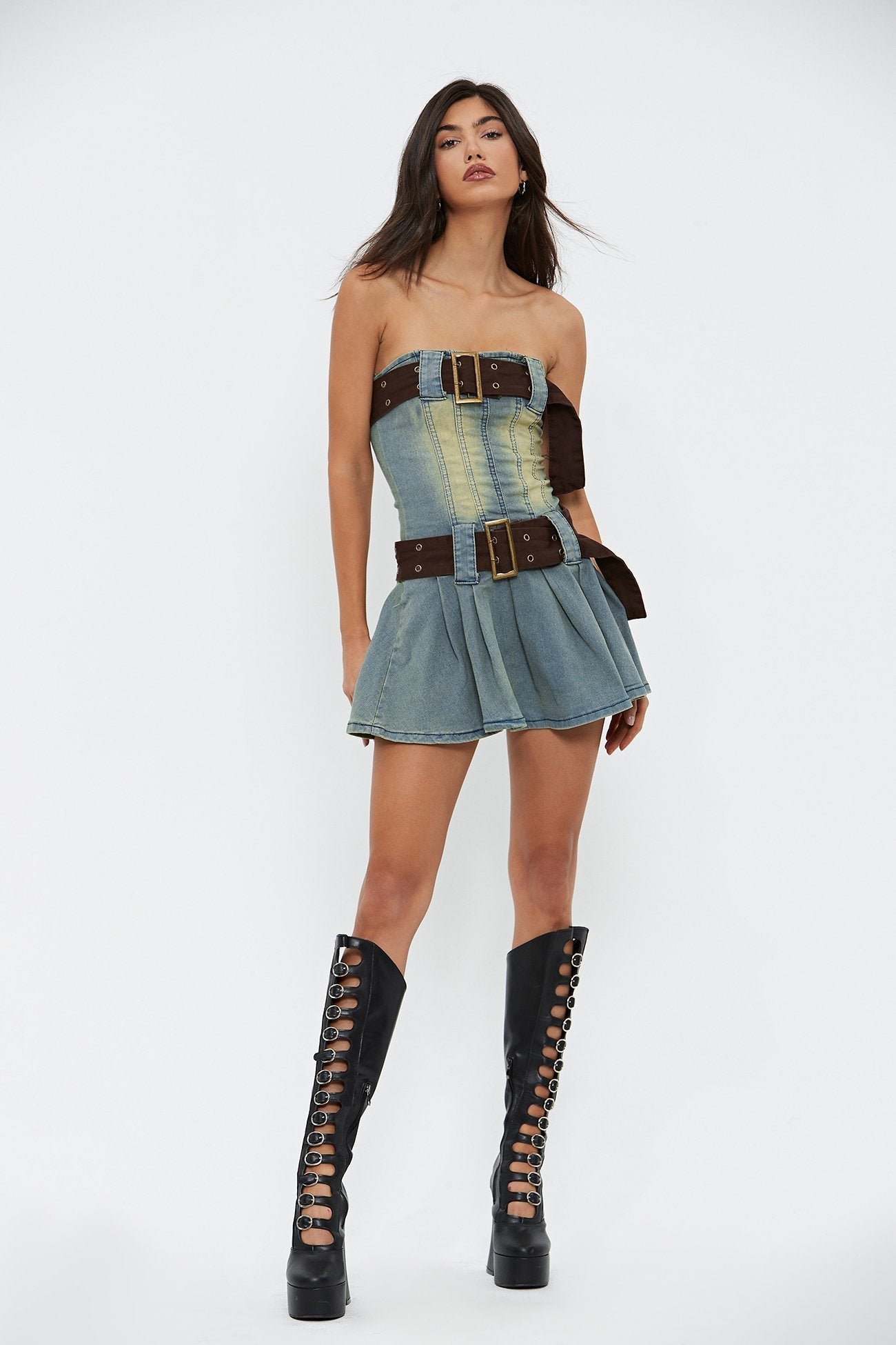 Off Shoulder Belt Decor Washed Denim Mini Dress