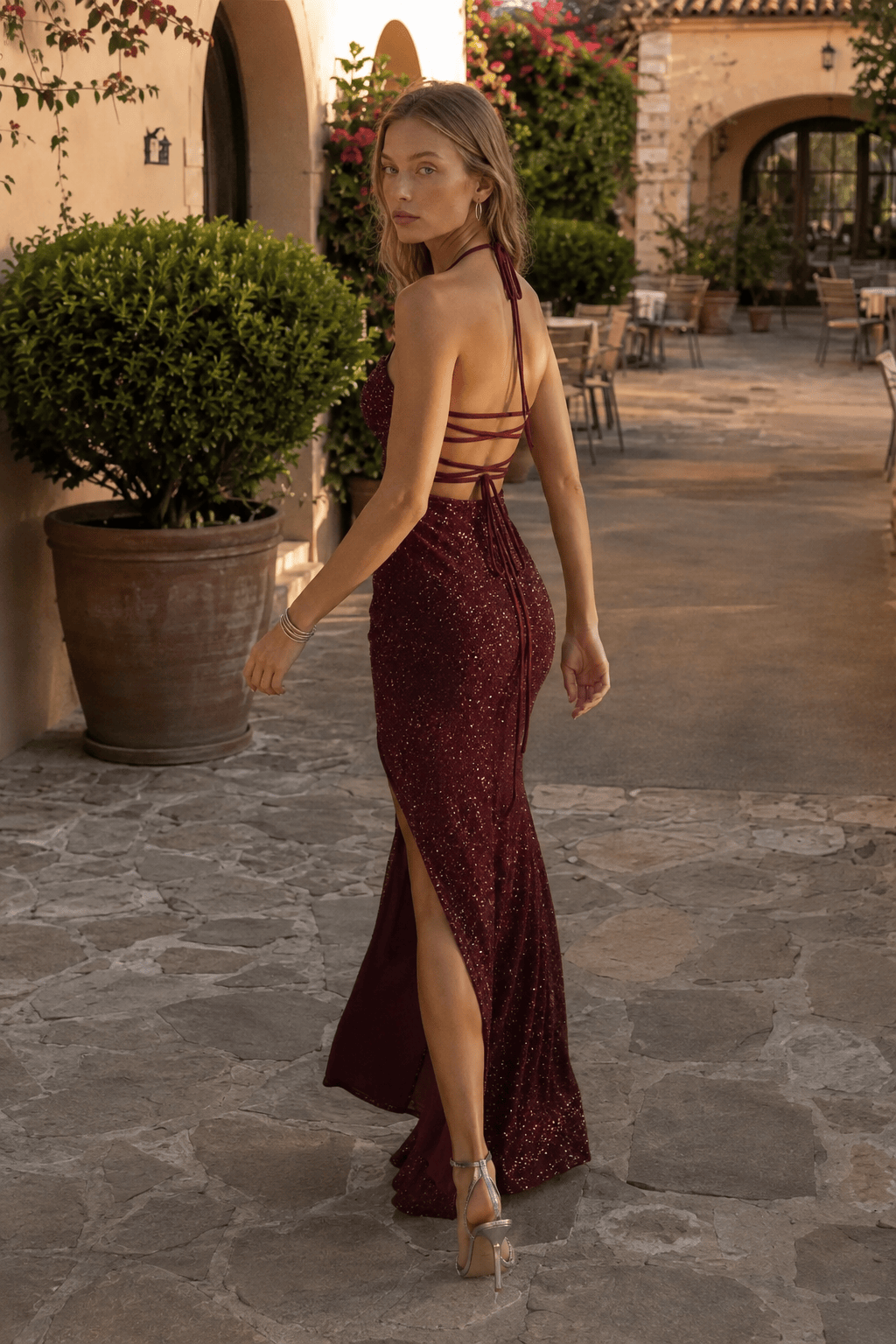 Solid Plunging Backless Slit Fitted Maxi Party Dress