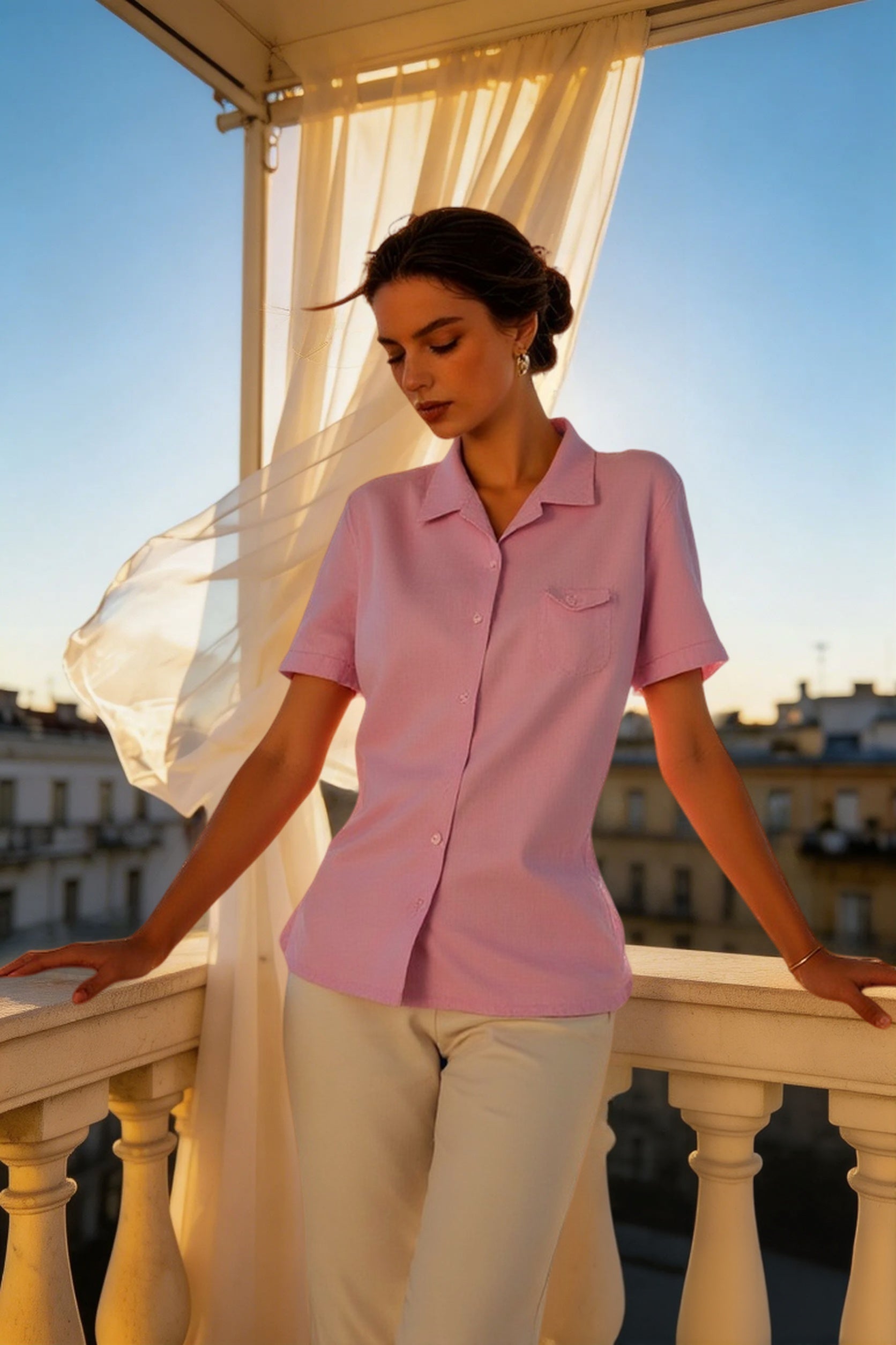Linen Camp Collar Short Sleeve Blouse