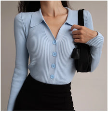Button Up V-Neck Collar Long Sleeve Rib Knit Top