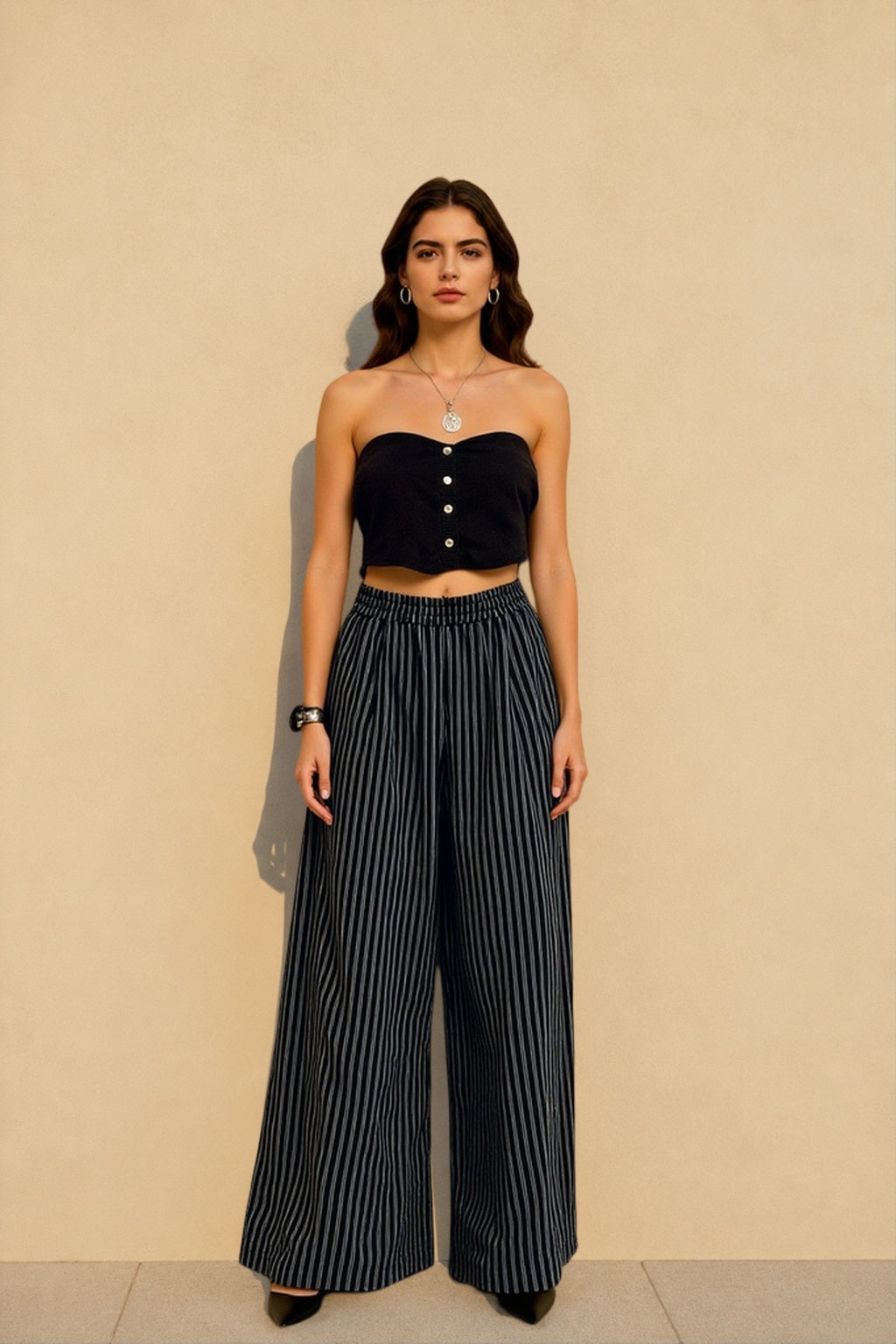 Striped High Waisted Wide Leg Straight Pants