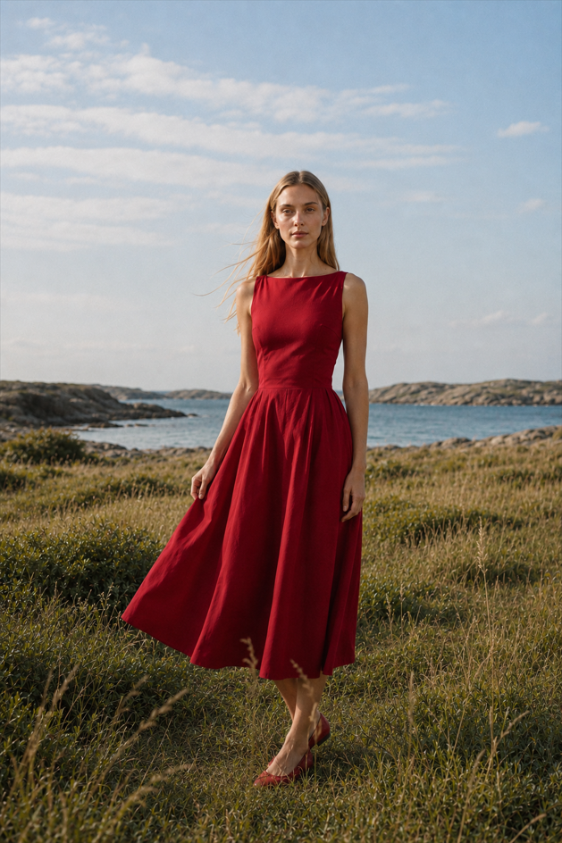 Fashion Solid Sleeveless Waisted Slim Midi Dress