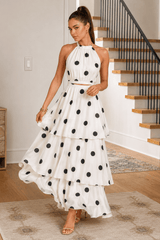 Polka Dot Halter Sleeveless Top Tiered Skirt Set