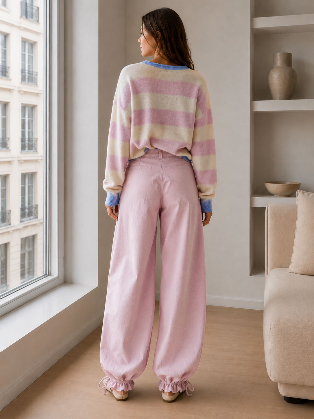 Ruched Mid Rise Wide Leg Jeans