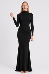 Solid Color High Neck Long Sleeve Maxi Dress