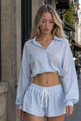Striped Long Sleeve Shirt High Waist Tie Mini Skirt Set
