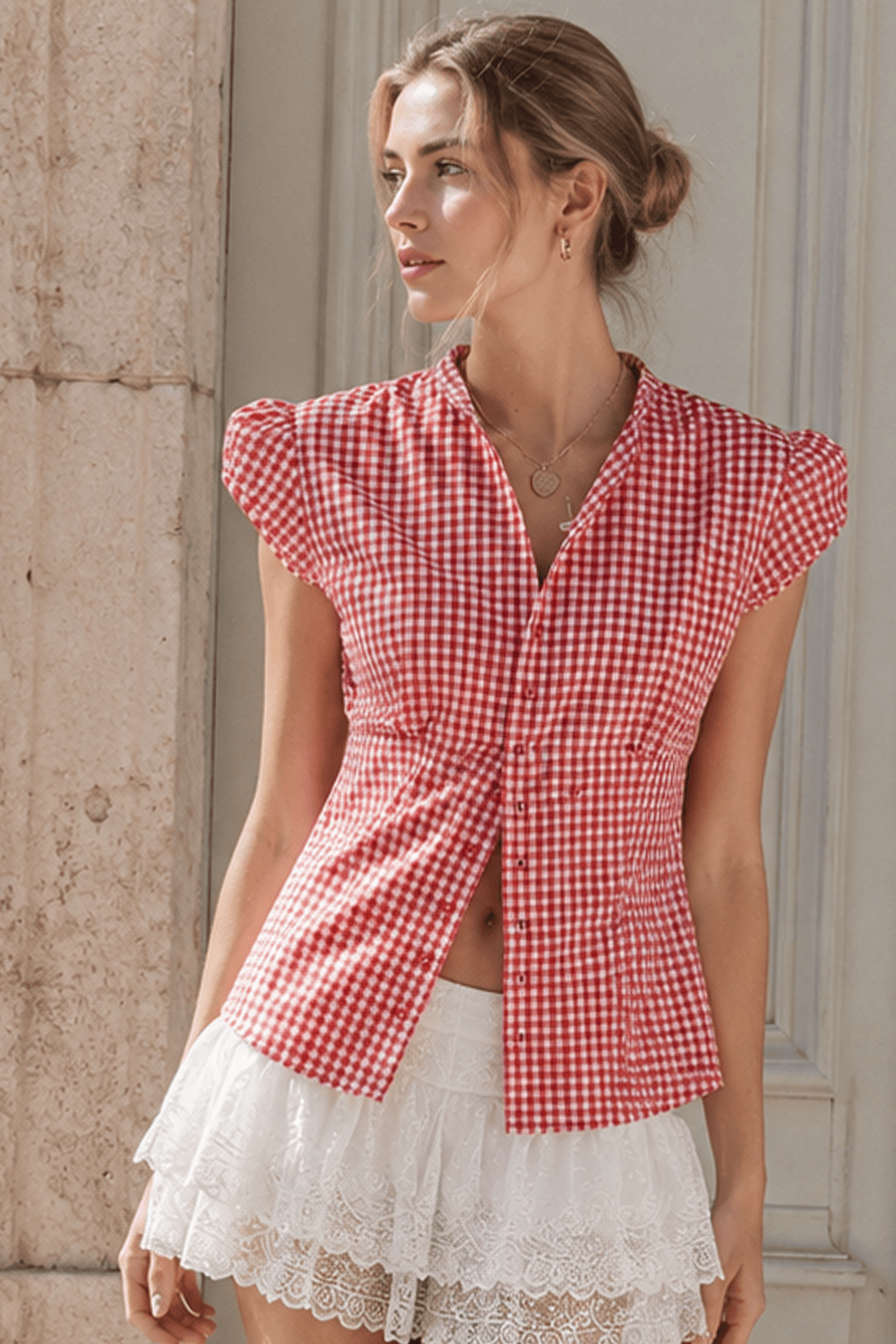 Versatile Red White Plaid Blouse