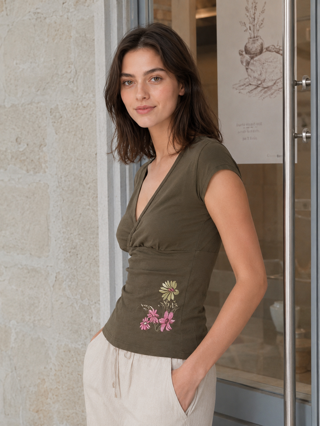 Cross V Neck Floral Embroidered T-shirt