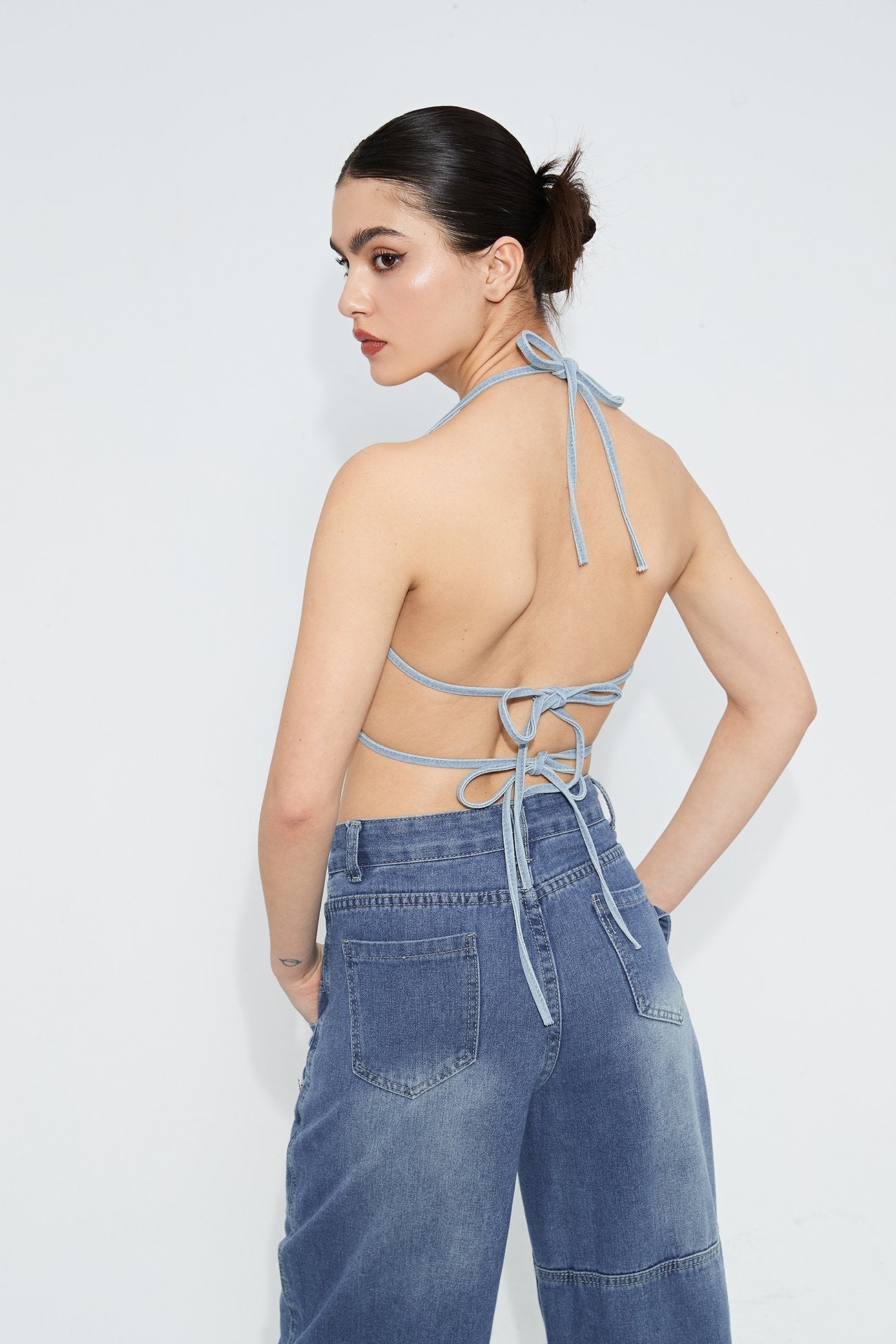 Raw Hem Butterfly Halter Neck Tie Detail Corset Top