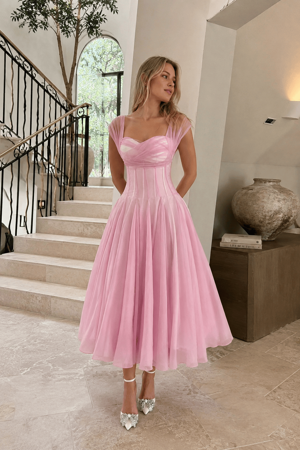 Soft Mesh Waist Flared Prom Dress