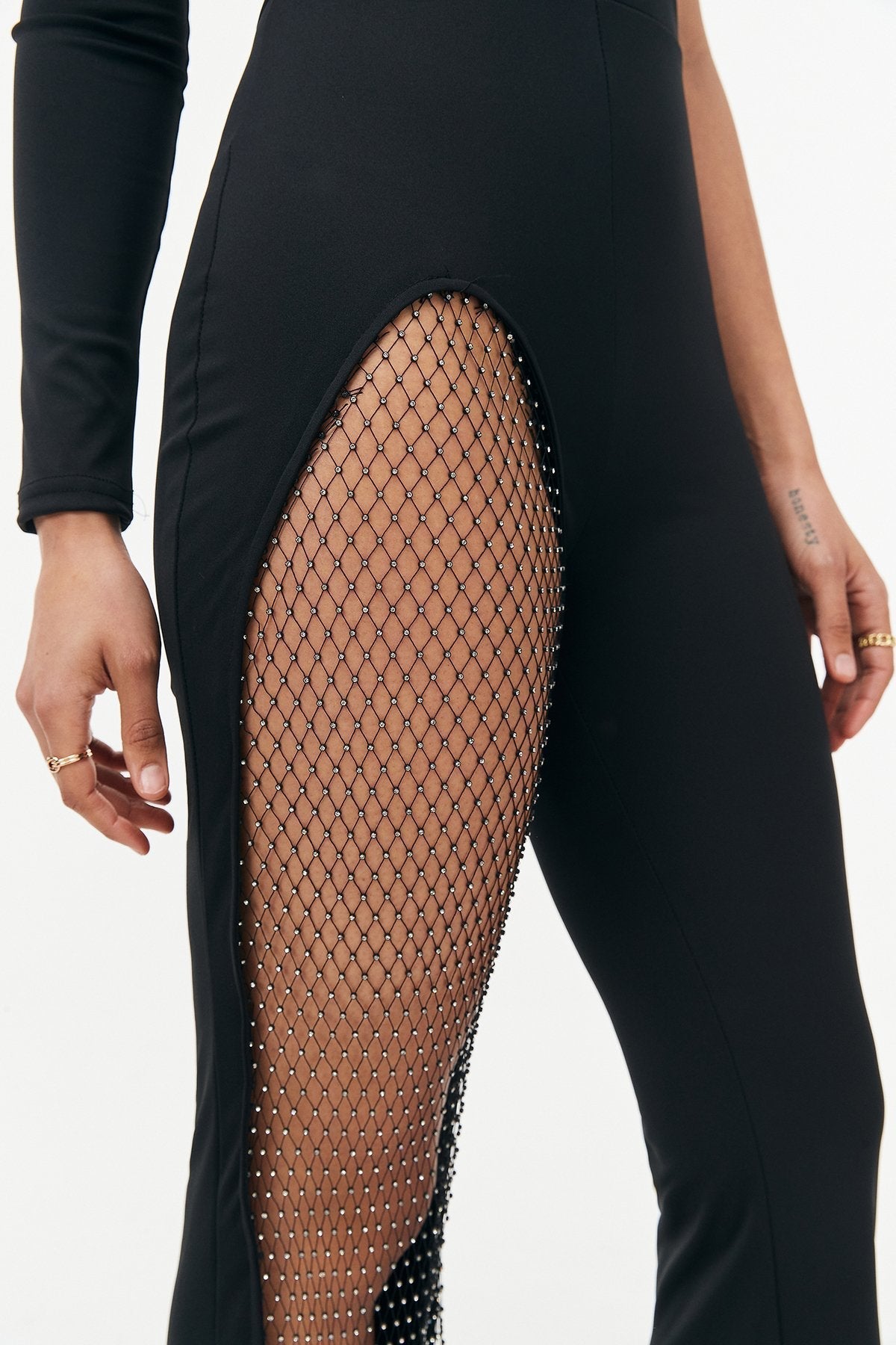 Mesh One Sleeve Flared Leg Jumpsuit