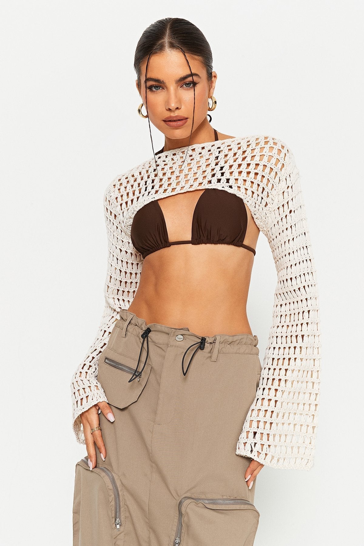 Crochet Flared Sleeve Crop Smock Without Bra