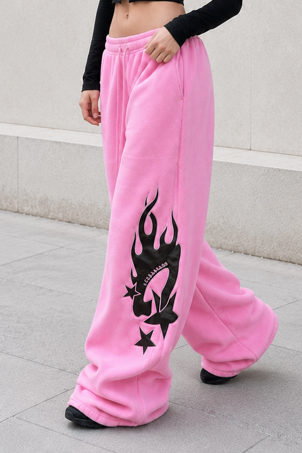 Thickened Flame Print Drawstring Wide-Leg Pants
