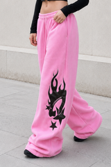 Thickened Flame Print Drawstring Wide-Leg Pants