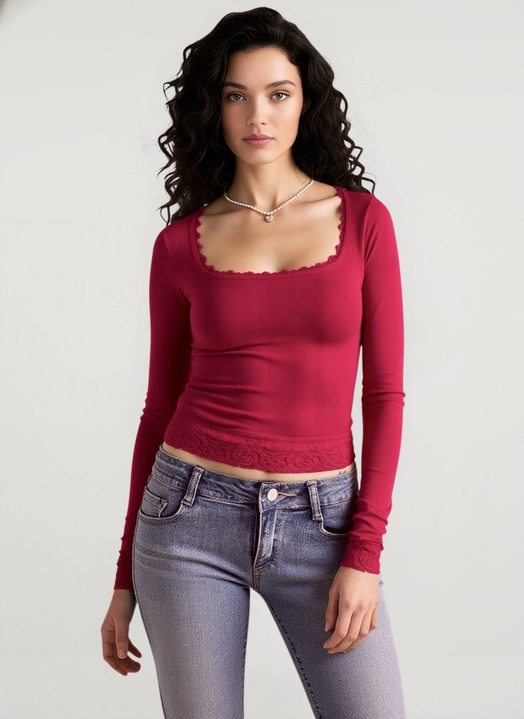 Y2K Lace Bow Paneled Slim U neck Long Sleeve Crop Top