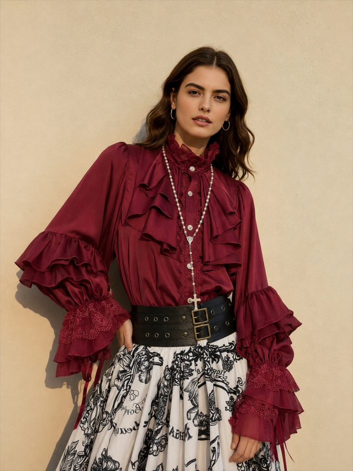 Dark Frill Batwing Sleeve Top