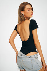 Scoop Neck Backless Solid Bodysuit