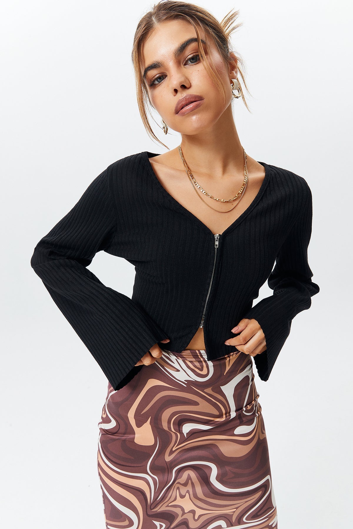 Crop Ribbed Zipper Front Long Sleeve Blouse
