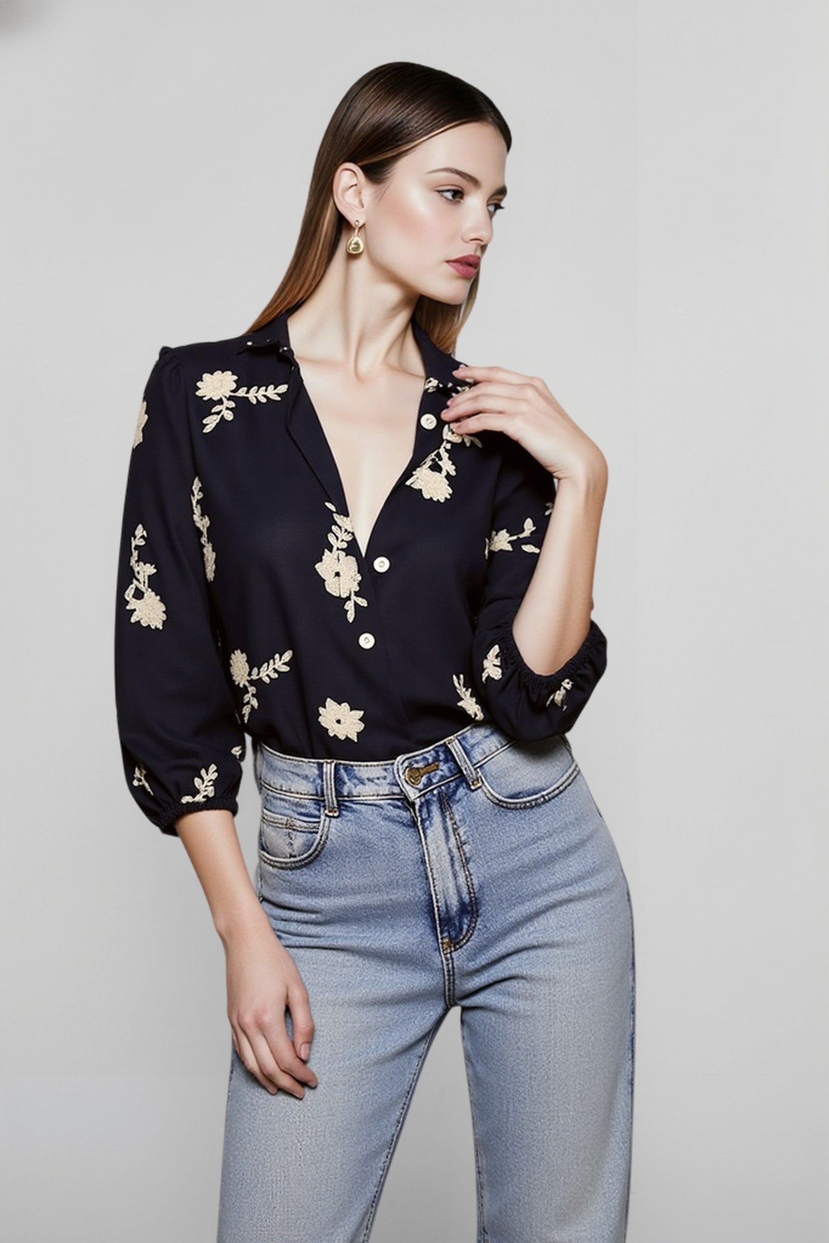 Printed Collared Lantern Sleeve Elegant Long Sleeve Blouse