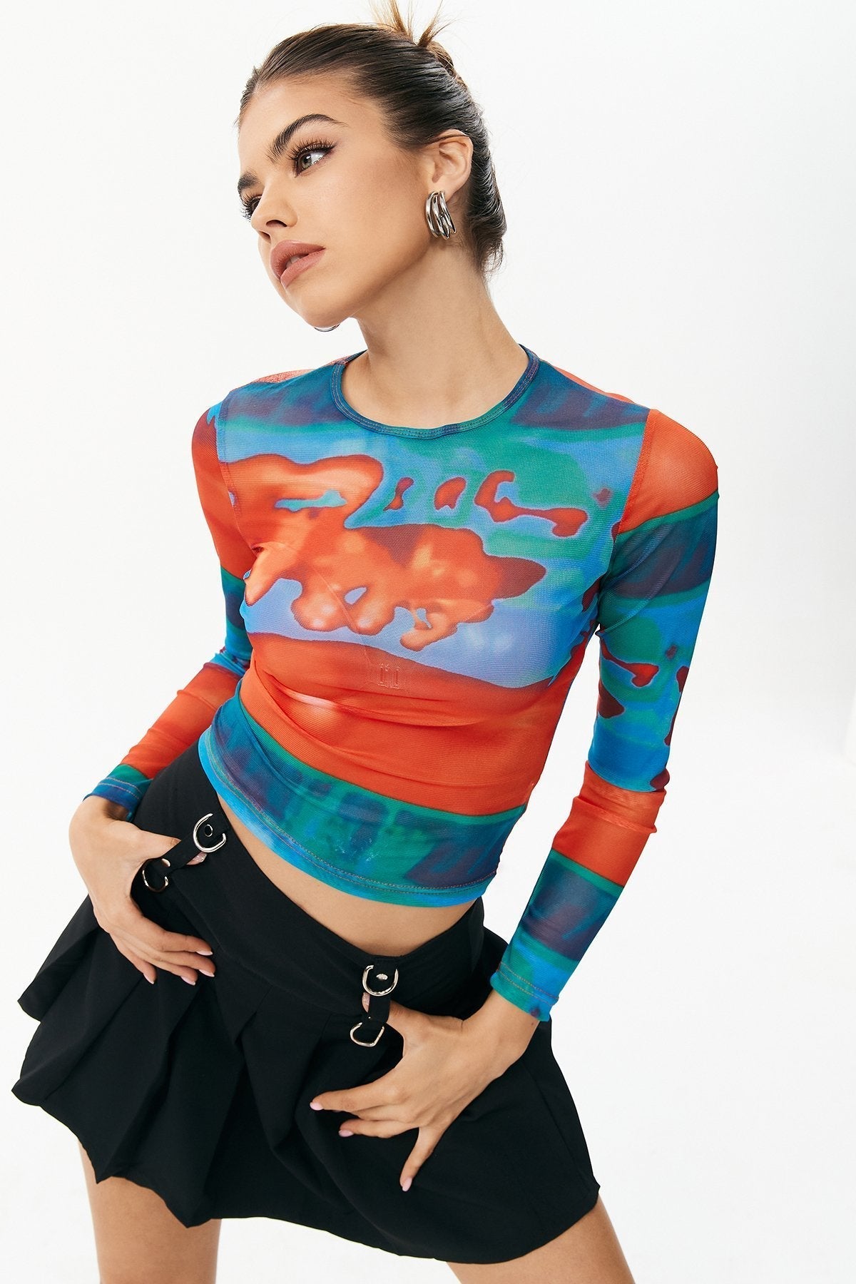 Abstract Print Mesh Long Sleeve Top