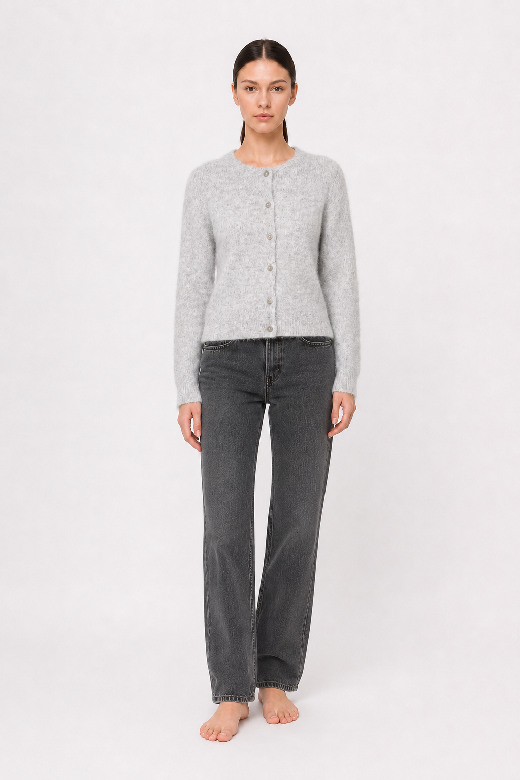Soft Gray Vintage Shell-Button Knit Cardigan