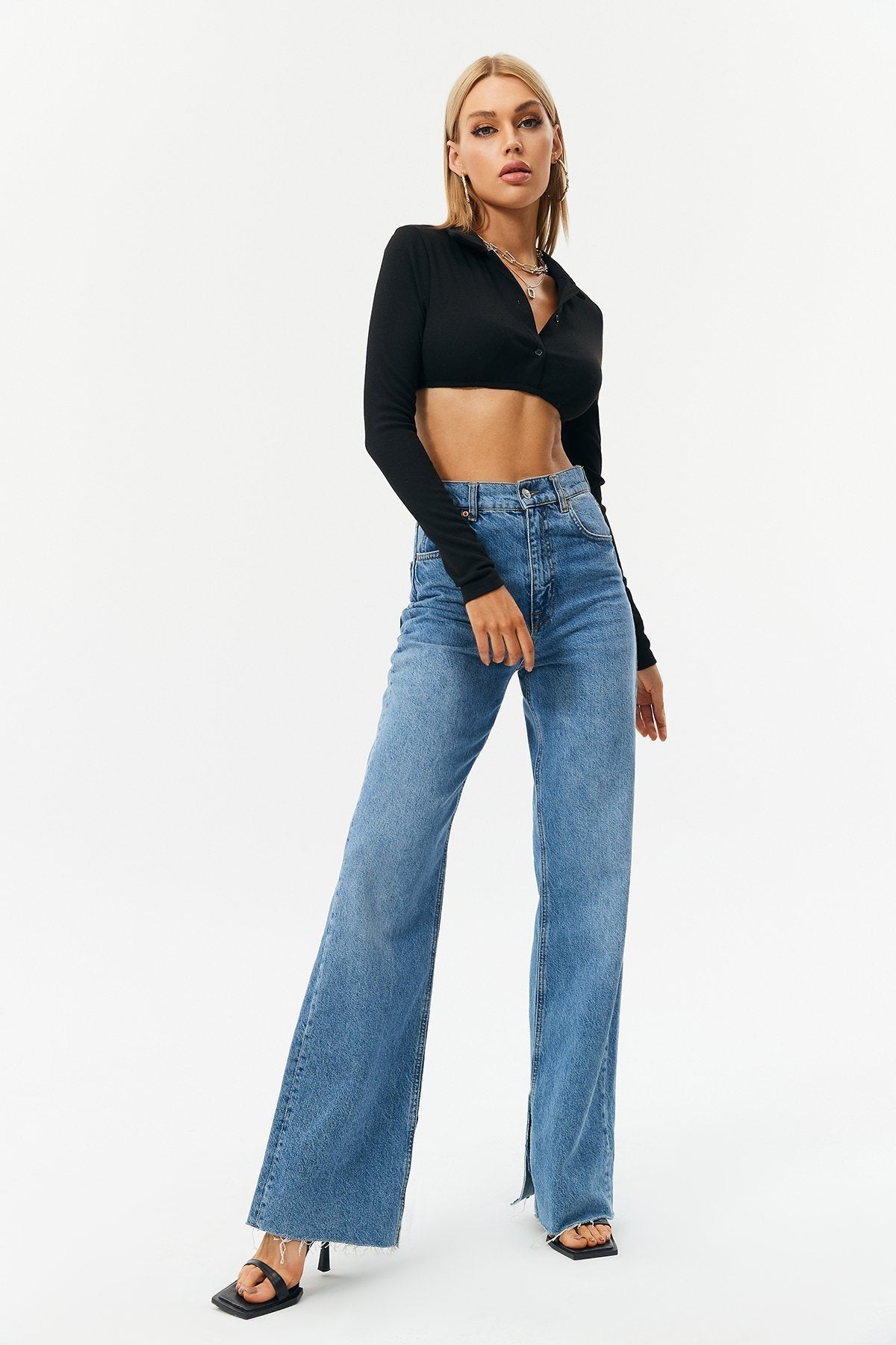 Solid Plunging Neck Button Front Long Sleeve Top