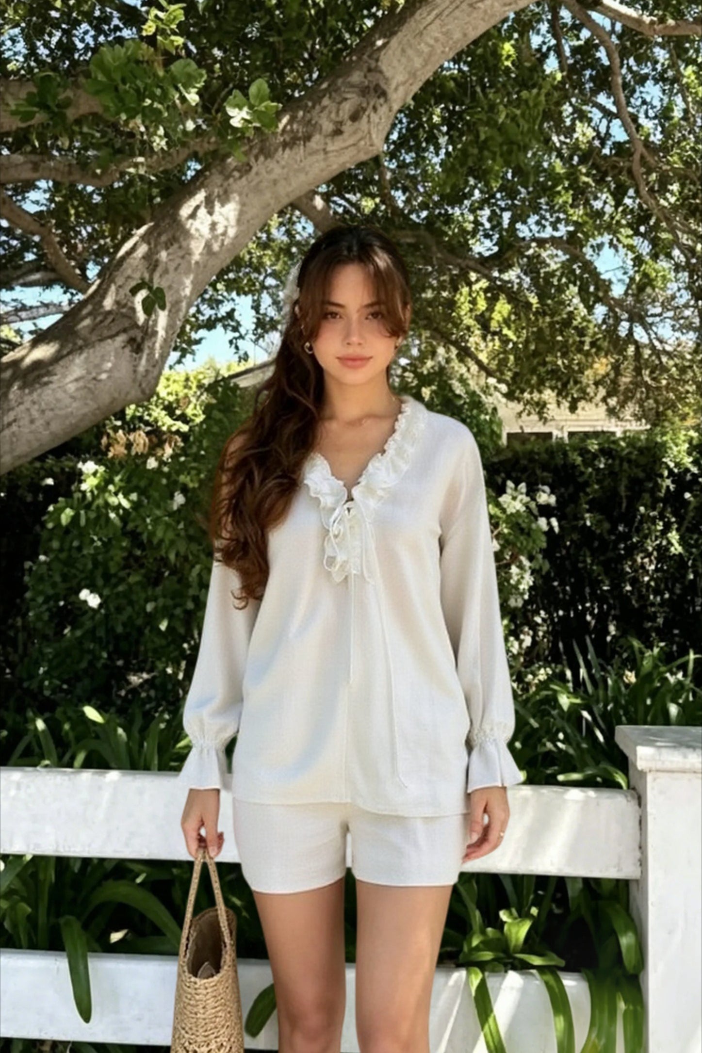 Linen Ruffle Tie Front Blouse