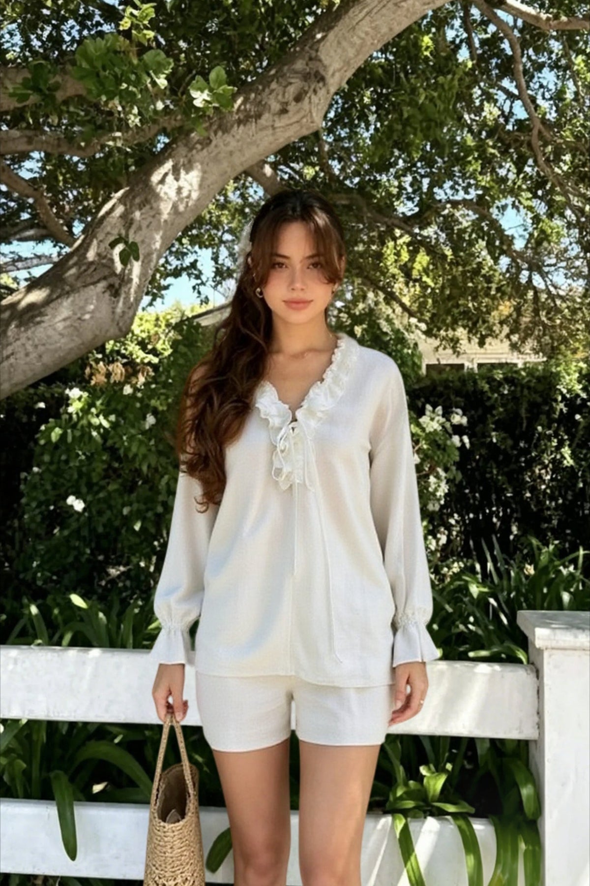 Linen Ruffle Tie Front Blouse