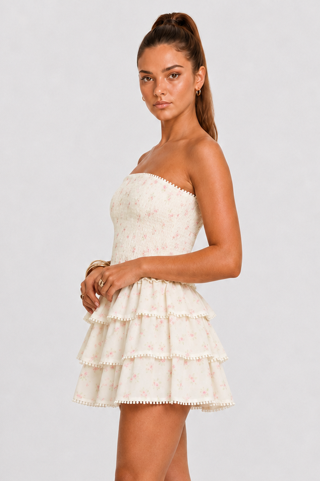 Elegant Floral Ruched Waist Mini Dress