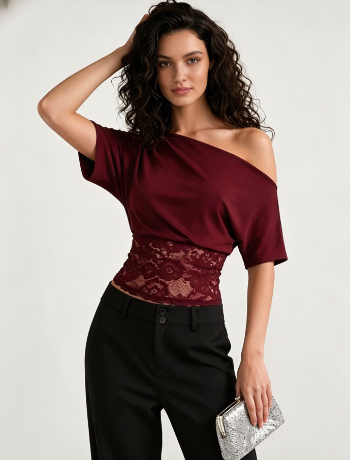 Asymmetric Off Shoulder Lace Waist Slim Crop T-shirt