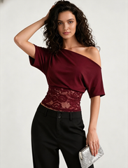 Asymmetric Off Shoulder Lace Waist Slim Crop T-shirt
