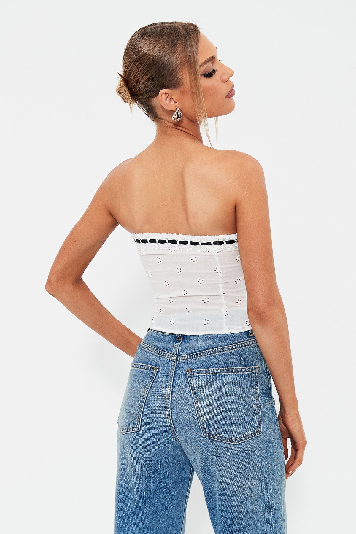 Off Shoulder Colorblock Trim Tie Front Jacquard Corset Top