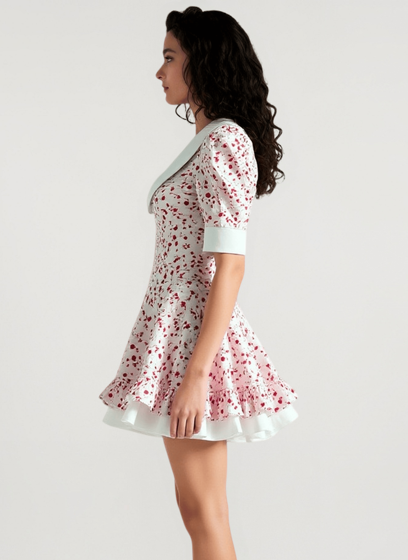 V-Neck Floral Puff Sleeve Babydoll Mini Dress
