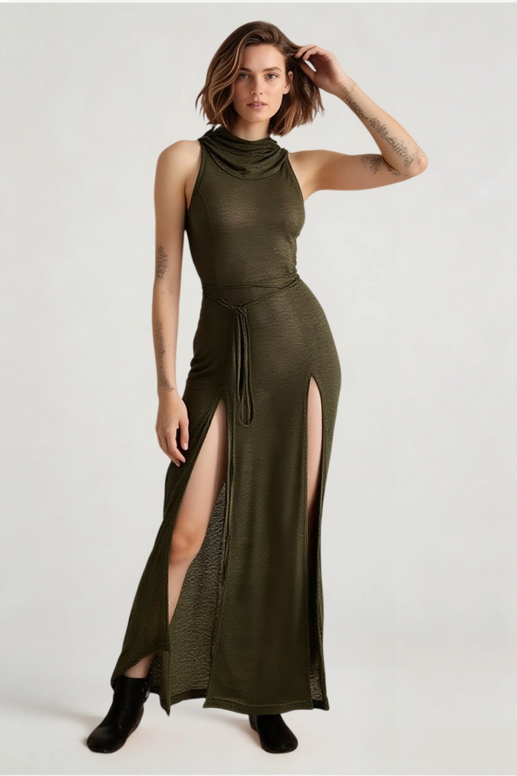 Hollow Back Slit Hooded Midi Dress