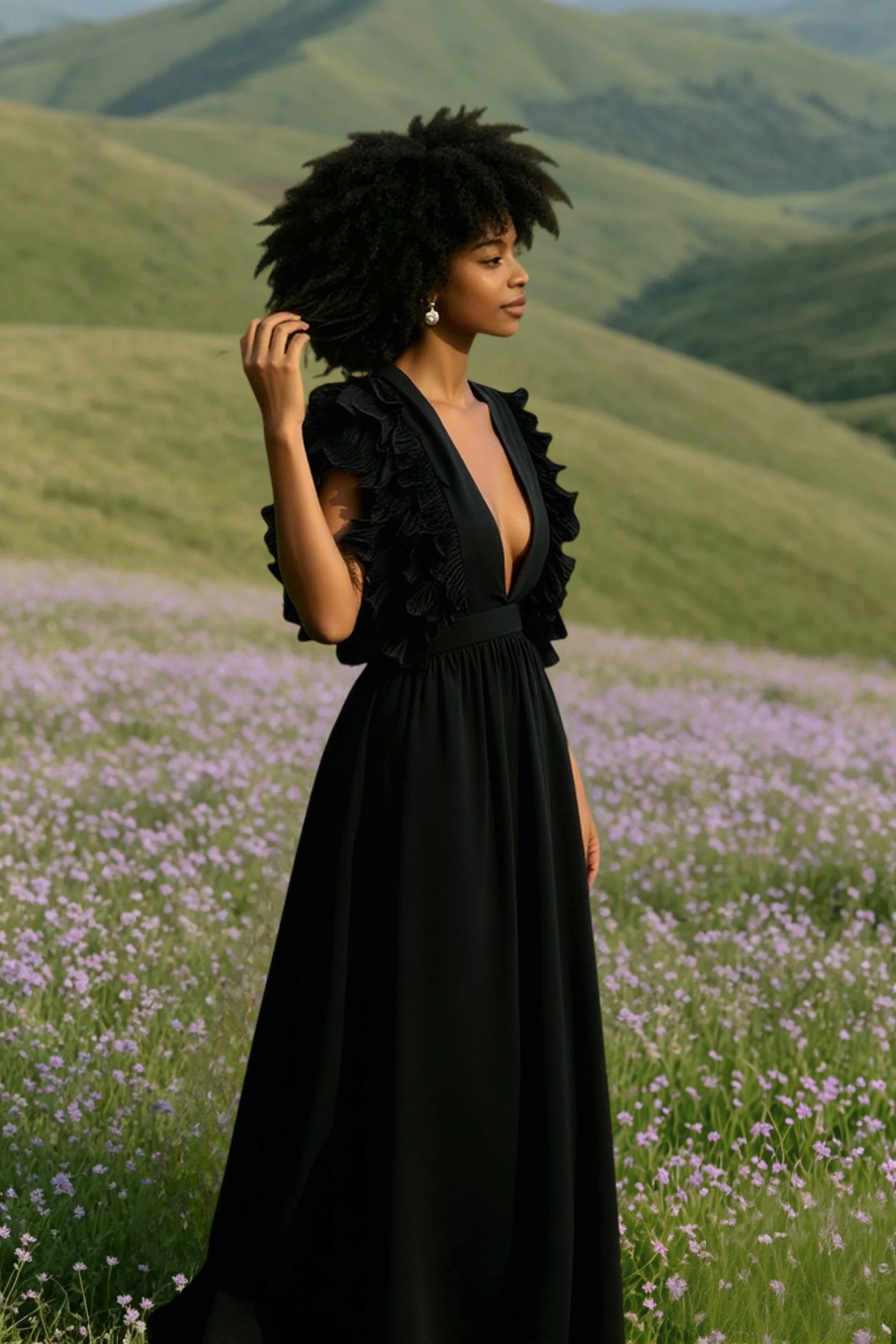 V Neck Ruffled High Waist Dress